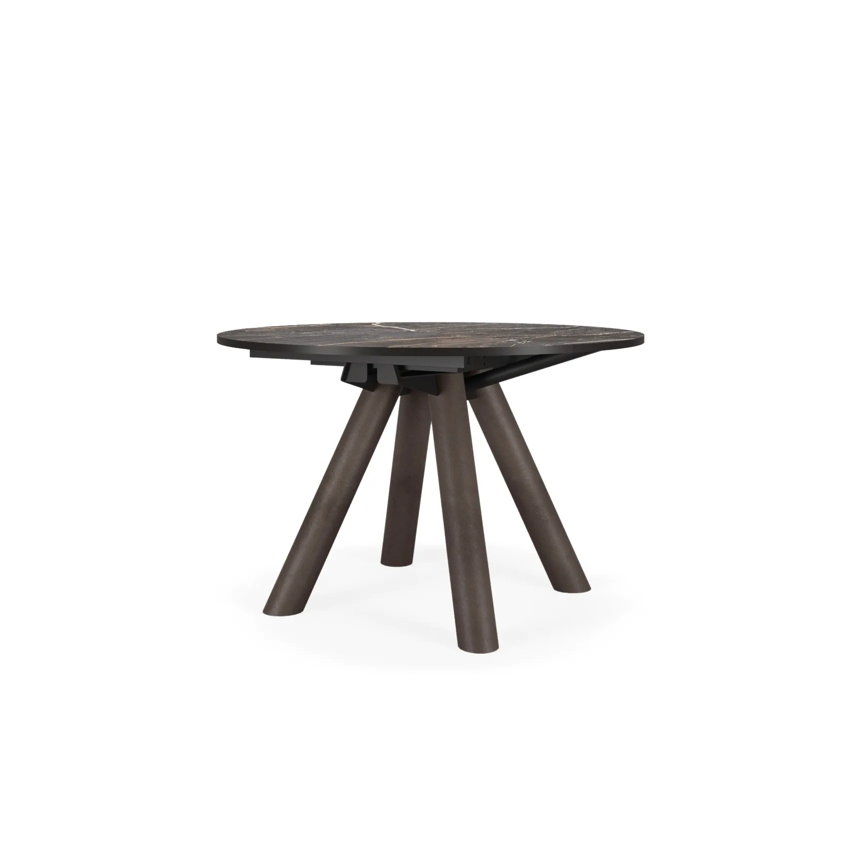 Tavolo Note Scavolini rotondo con quattro gambe brune su fondo bianco