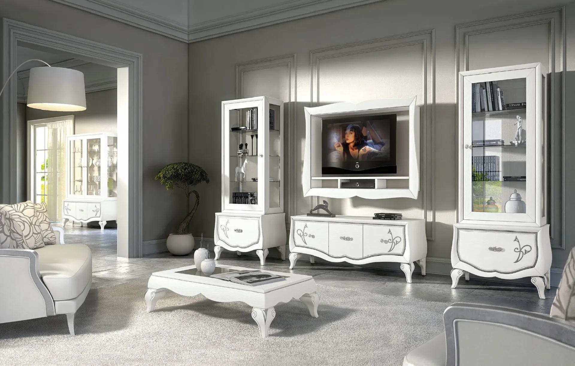 Due vetrine bianche Trend Style Imba con decoro ai lati del porta TV in un soggiorno