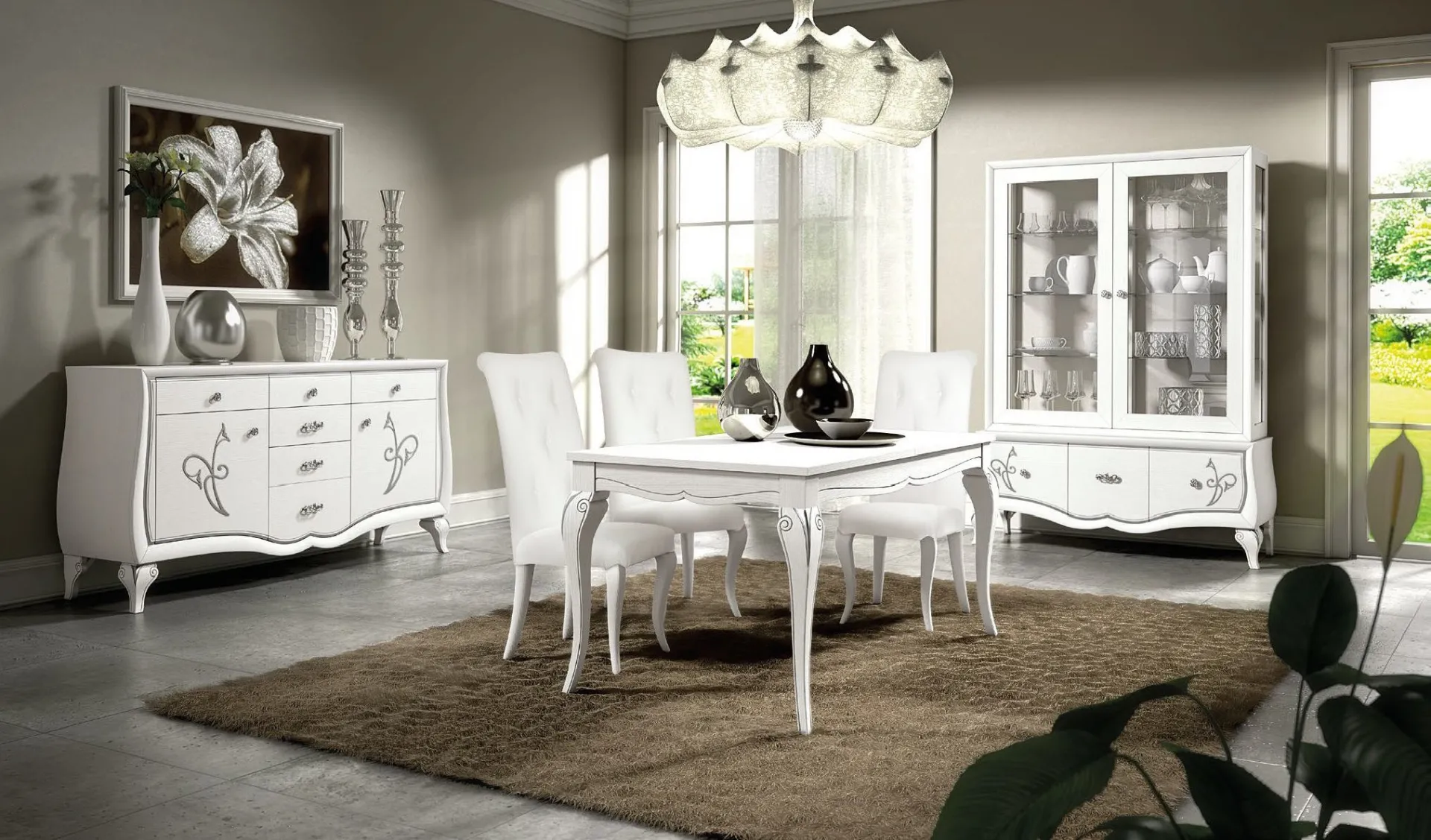 Sala da pranzo bianca Trend Style Imba con vetrina decorata e tavolo con sedie