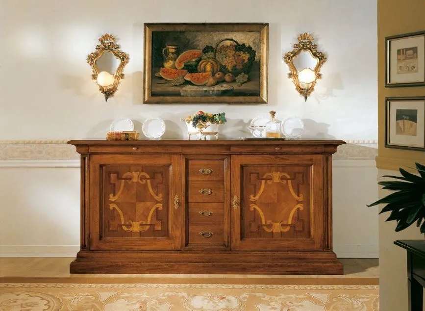 Credenza Trend Style Imba in noce con intarsio a stella sotto due applique dorate