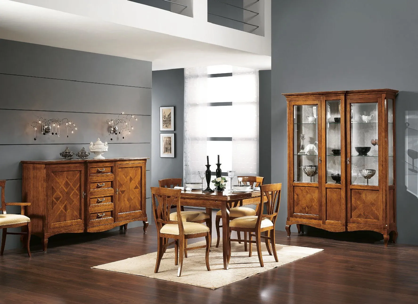 Sala Trend Style Imba con vetrina intarsiata in noce, credenza e tavolo rotondo