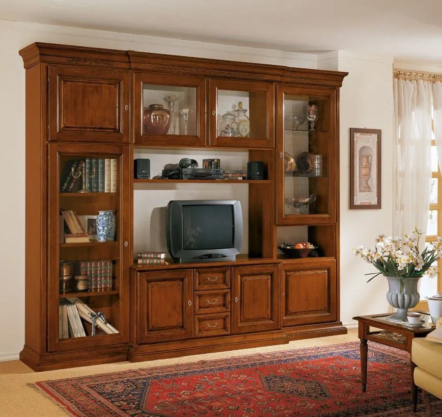 Parete soggiorno intagliata Trend Style Imba in noce con vetrine e vano TV