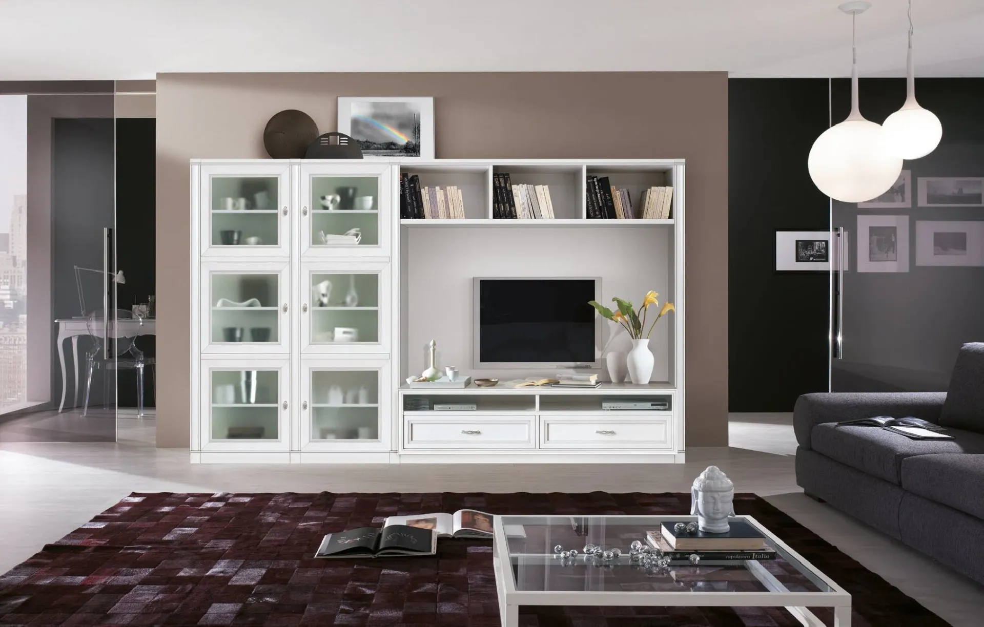 Soggiorno componibile bianco Trend Style Imba con vetrine e vano TV