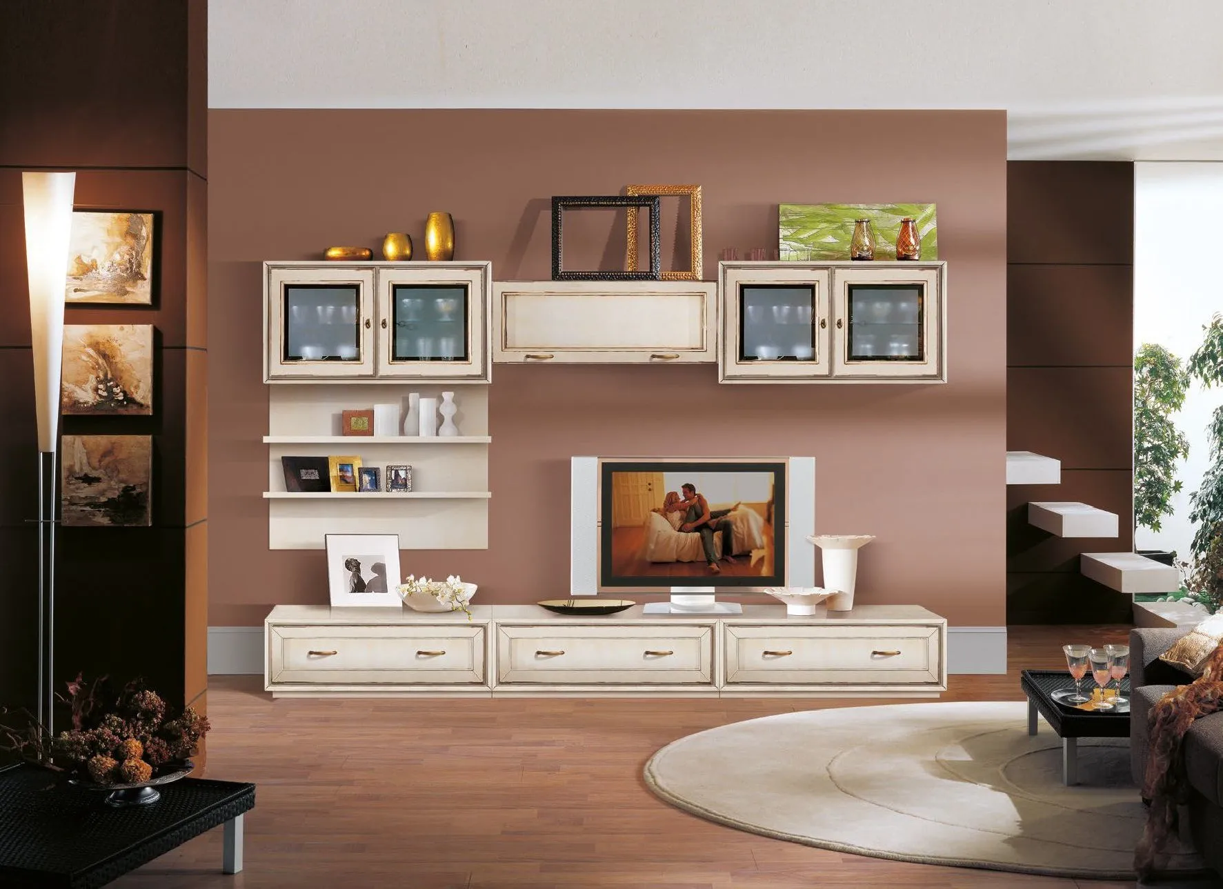 Parete soggiorno Trend Style Imba con pensili, base bassa e mensole