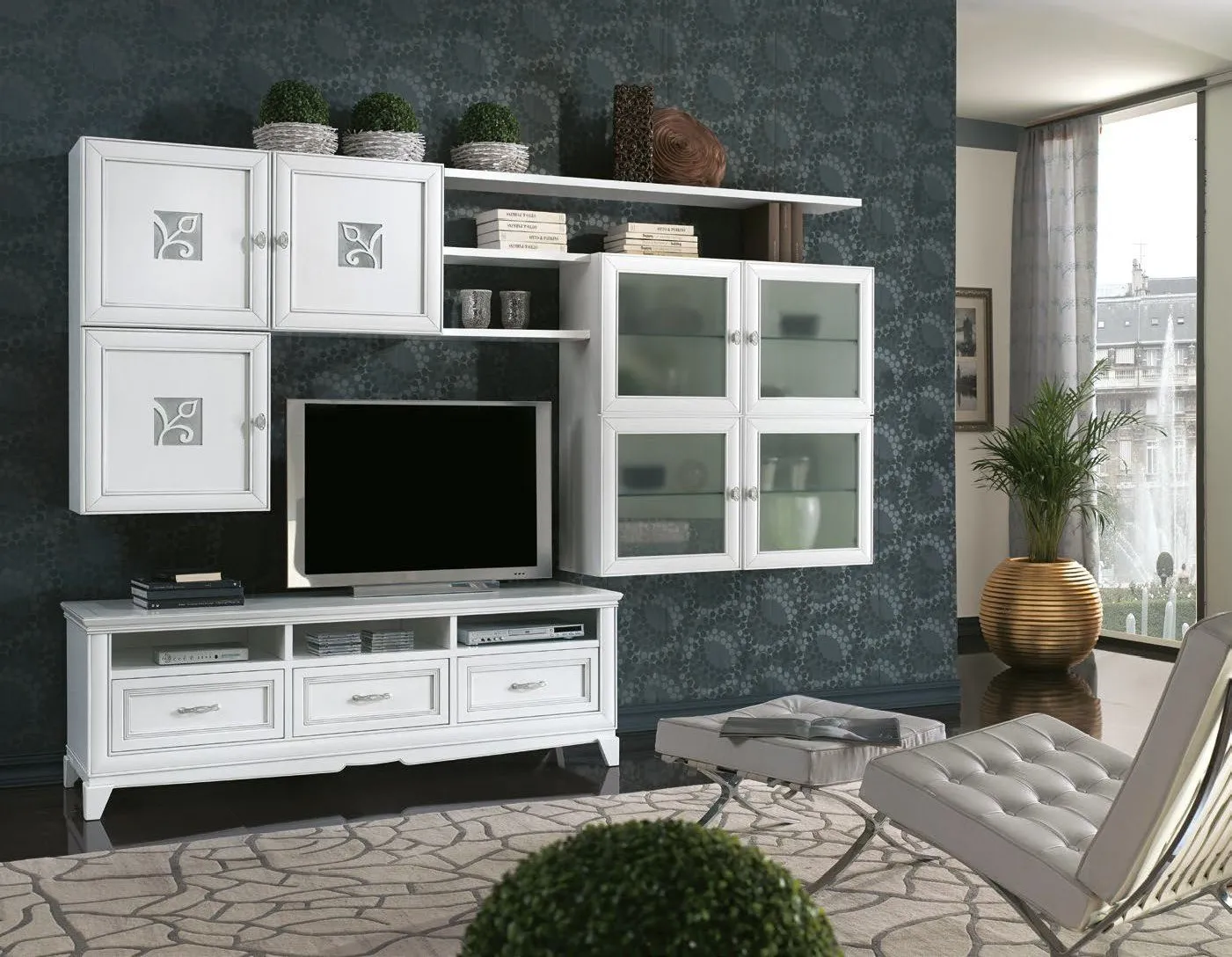 Composizione Trend Style Imba bianca con vetrine satinate e base porta TV