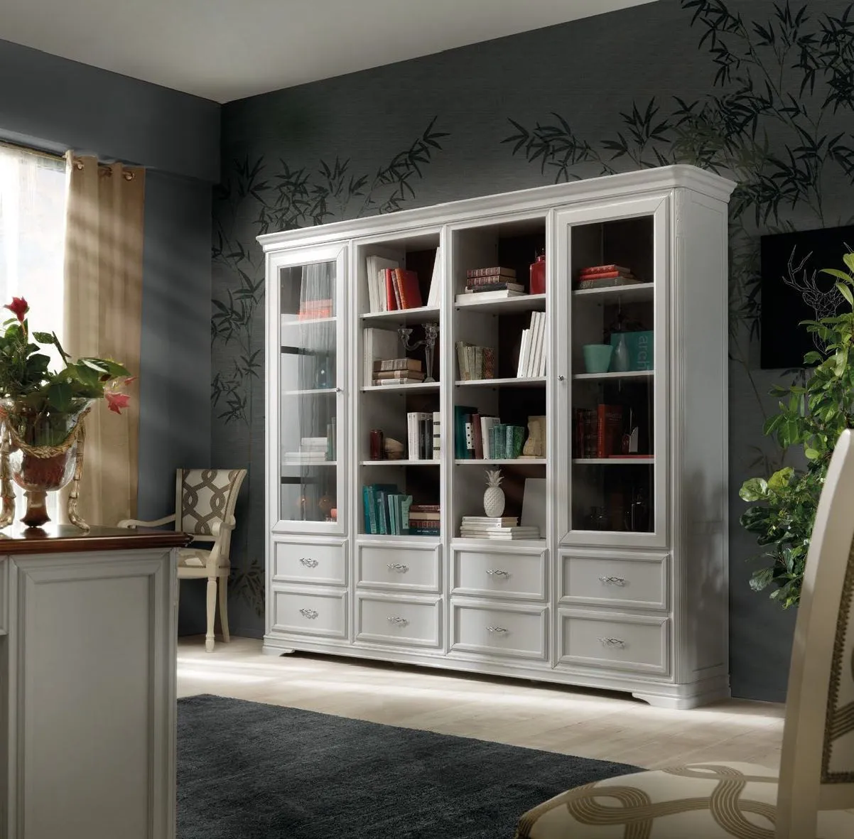 Libreria componibile Trend Style Imba laccata chiara con ante a vetro e cassetti