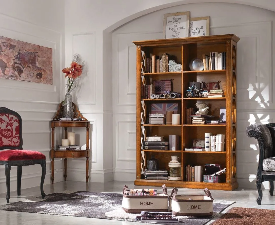 Libreria Trend Style Imba in noce a giorno in un soggiorno classico