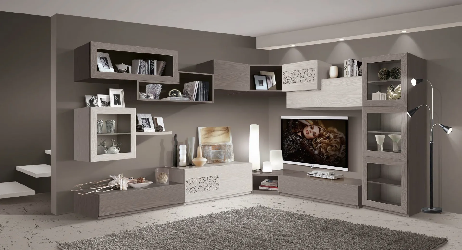 Soggiorno ad angolo Trend Style Imba in frassino grigio con contenitori sfalsati