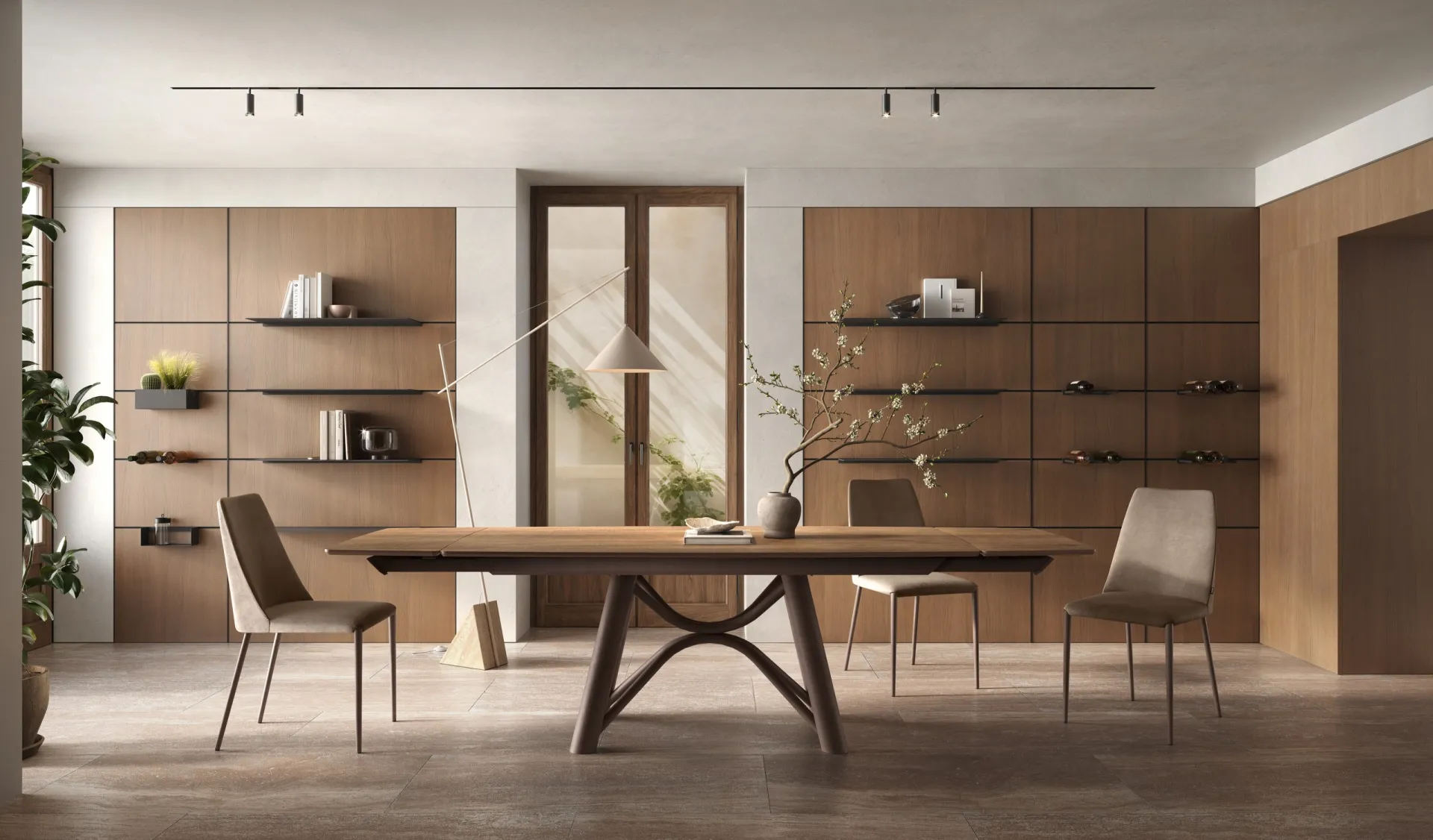 Tavolo Brooklin Scavolini con piano in legno, basi ad arco scure e sedie imbottite davanti a una boiserie