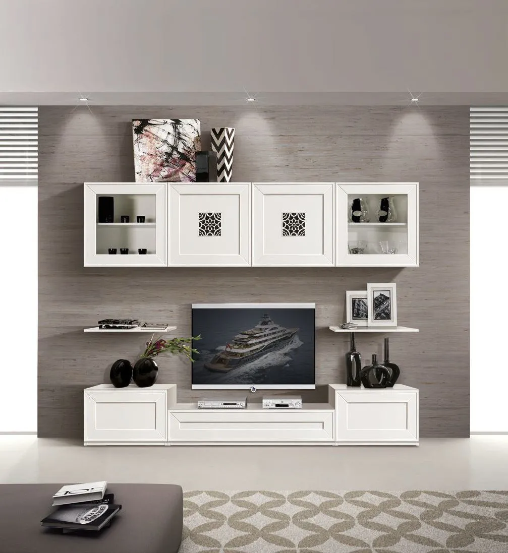 Parete Trend Style Imba bianca con pensili a vetrina e base porta TV