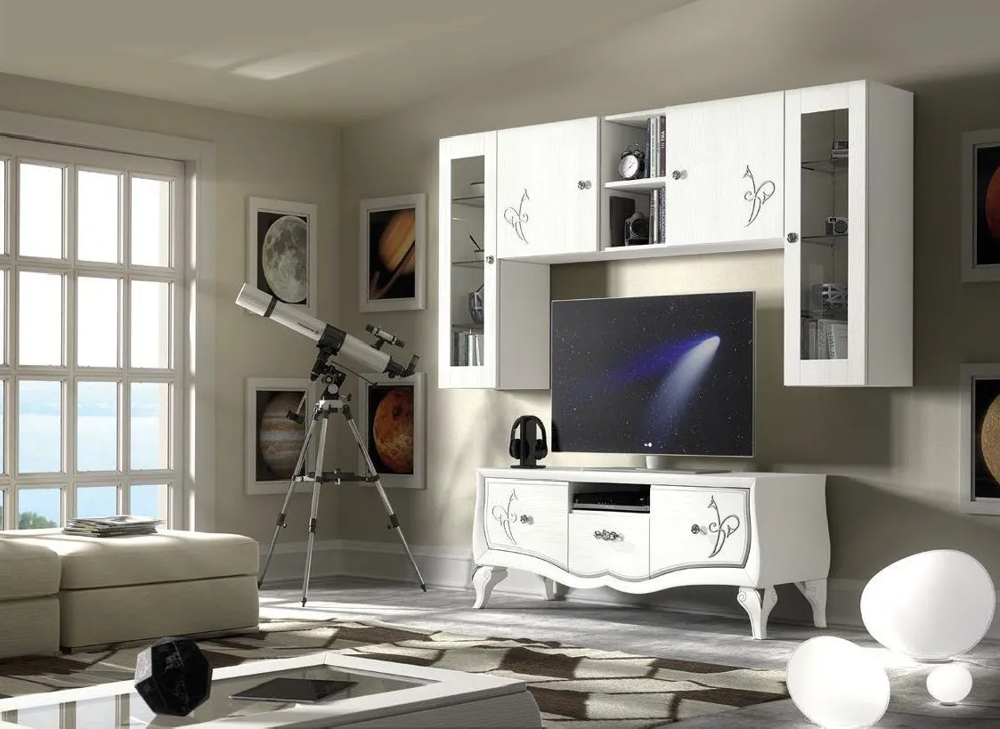 Porta TV bianco Trend Style Imba con cassetti decorati sotto pensili e vetrina