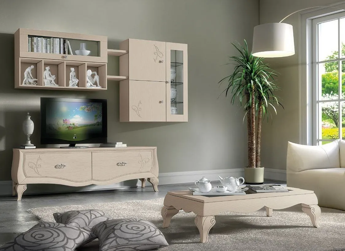 Composizione soggiorno avorio Trend Style Imba con pensili, vetrina e base porta TV