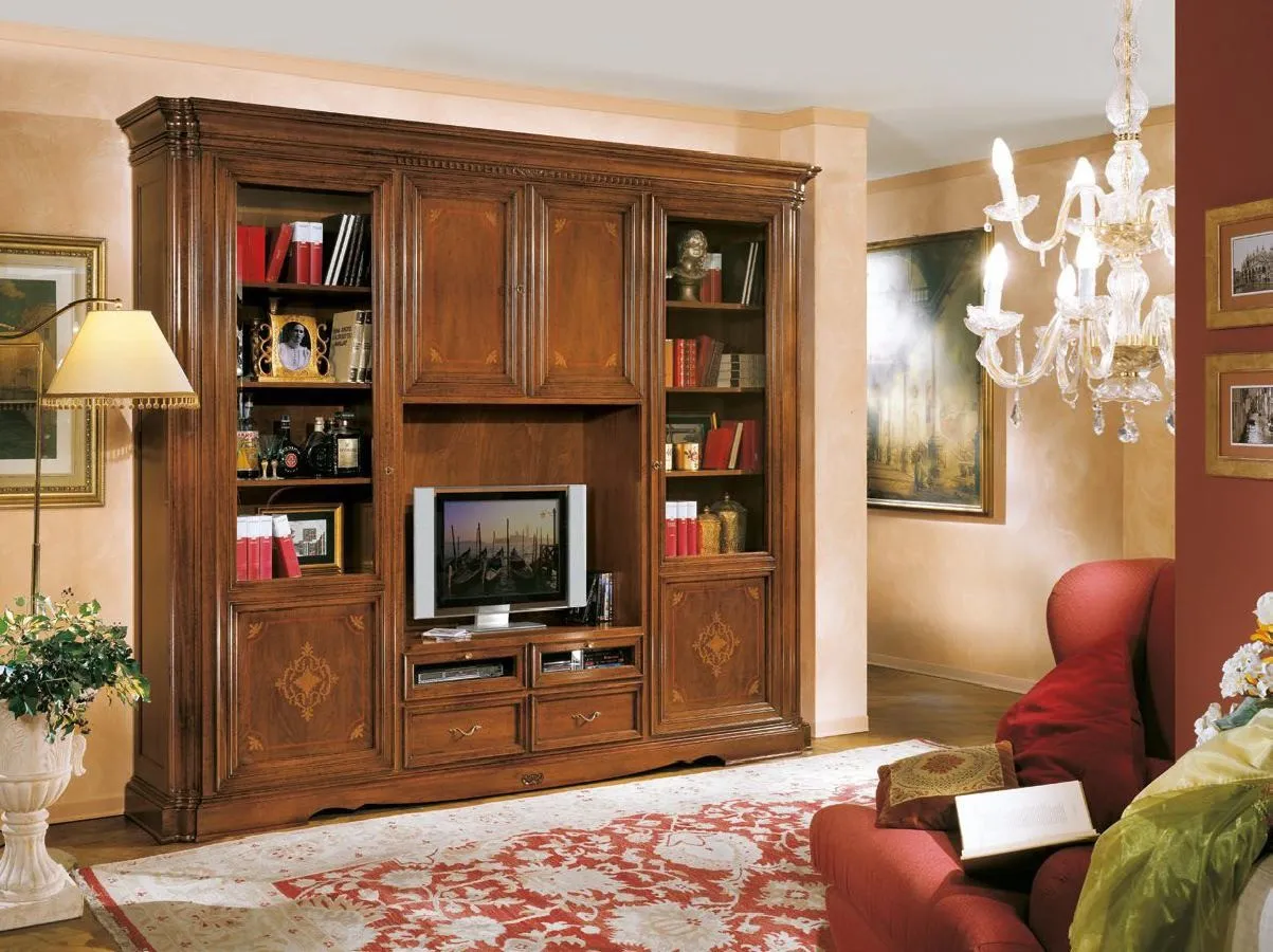 Parete soggiorno Trend Style Imba in noce intarsiato con librerie e vano TV