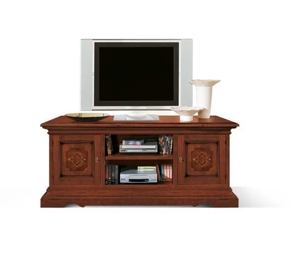 Porta TV Trend Style Imba in noce con ante intarsiate e vano centrale, su fondo bianco