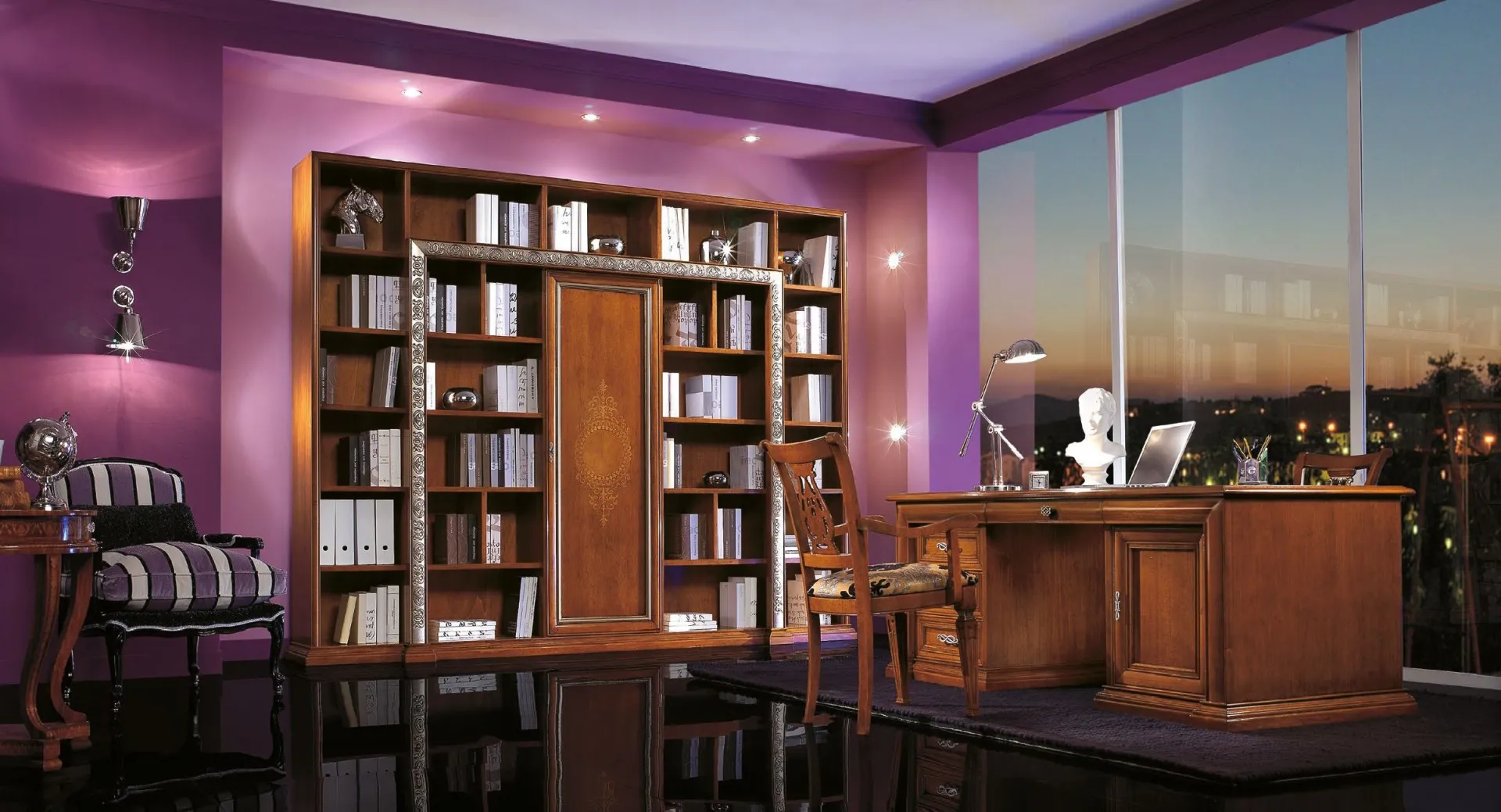 Studio Trend Style Imba con libreria componibile in noce e scrivania, pareti viola