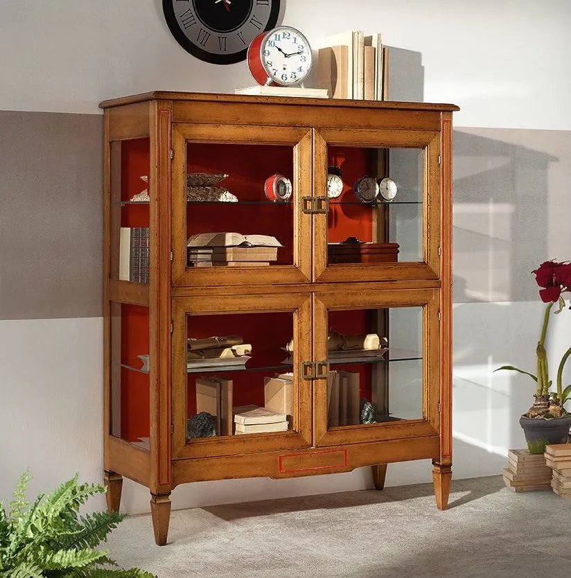 Vetrinetta Trend Style Imba in noce a quattro porte con interno rosso