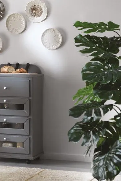 Tagliere grigio Trend Style Imba a quattro cassetti accanto a una parete con piatti