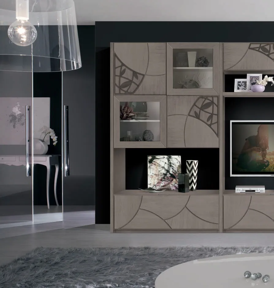 Soggiorno House Project Imba grigio con ante decorate a onde e vani a giorno