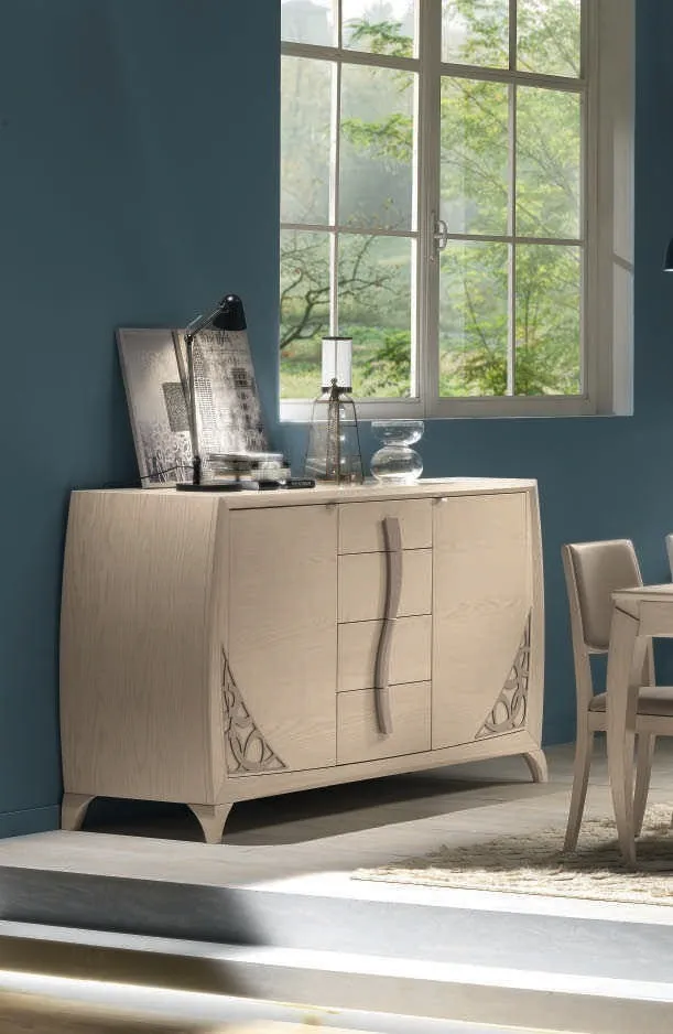 Credenza e vetrina House Project Imba con traforo in una sala con parete blu