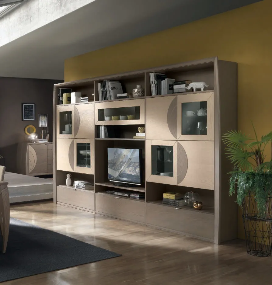 Parete soggiorno House Project Imba in legno chiaro con ante incise e vano TV