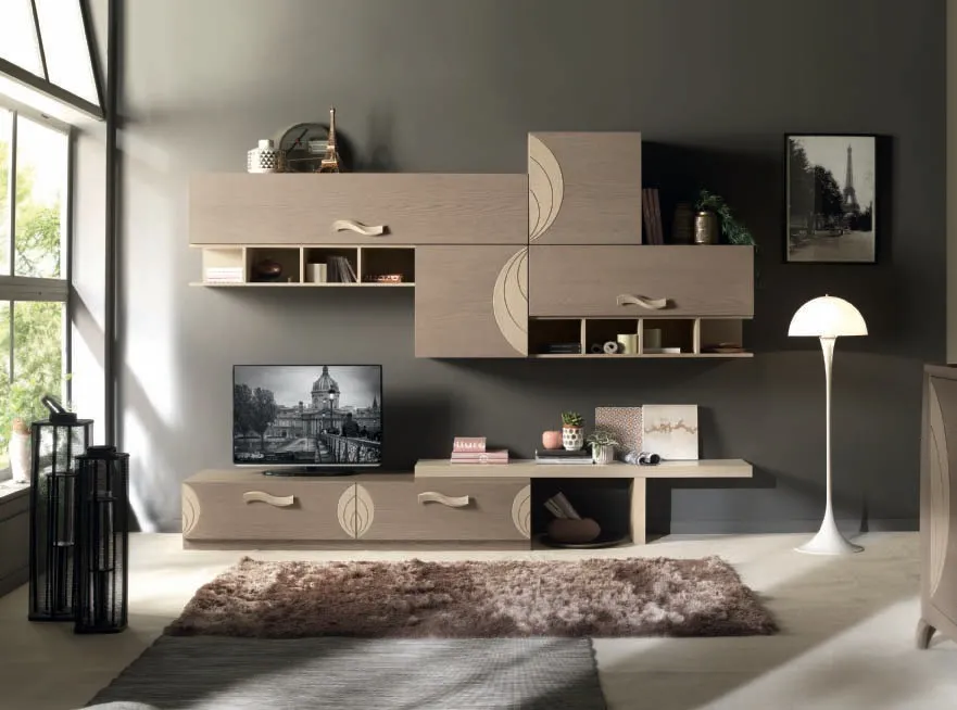 Soggiorno House Project Imba tortora con pensili incisi e base lunga