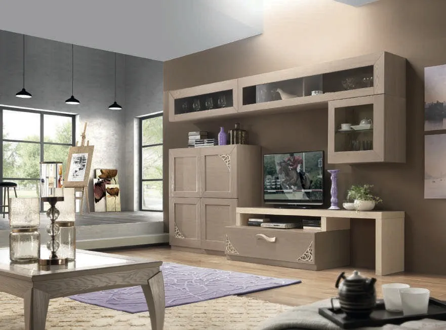 Composizione House Project Imba con trafori, pensili e porta TV su un tappeto viola