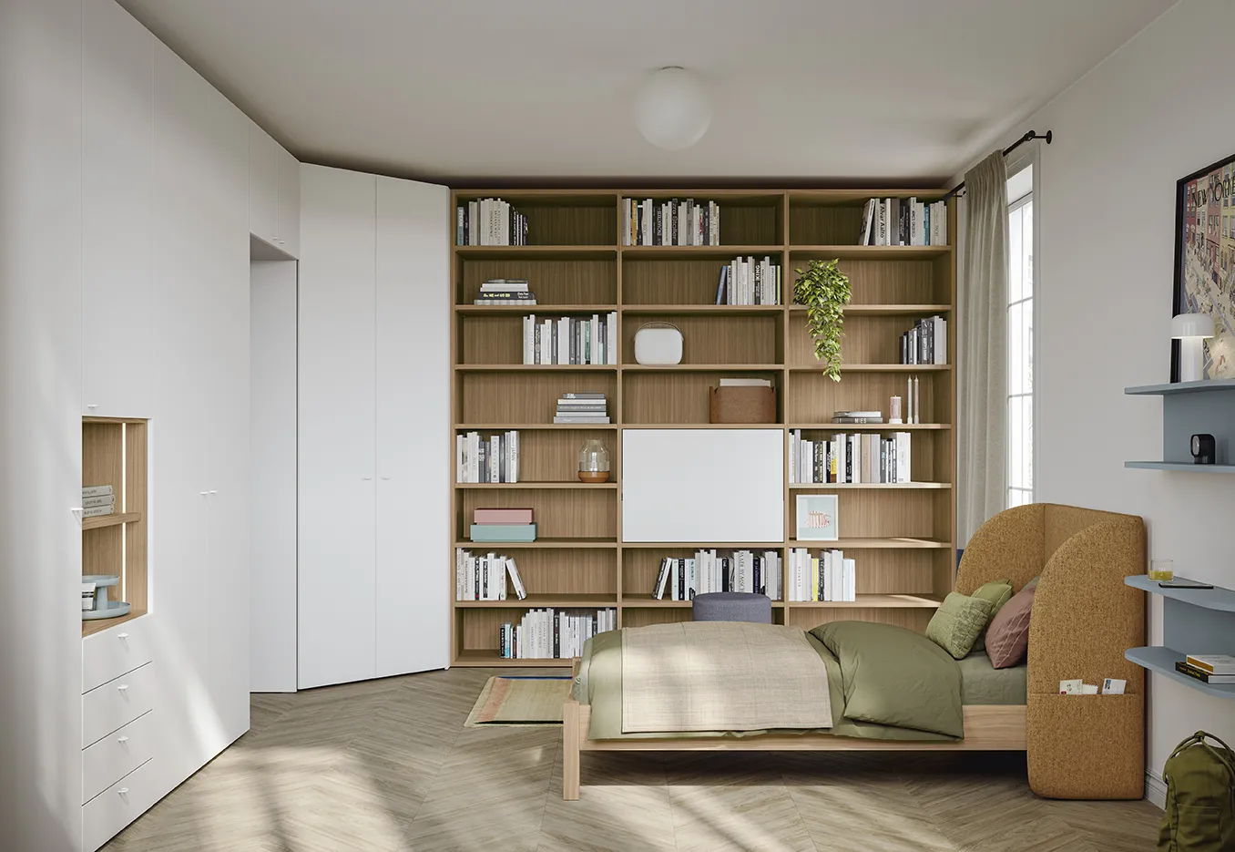 Camera ragazzi Golf Young's Space Colombini con armadio bianco ad angolo, passaggio e libreria in legno