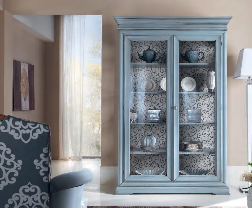 Vetrina Marte Imba laccata azzurra a due porte con stoviglie