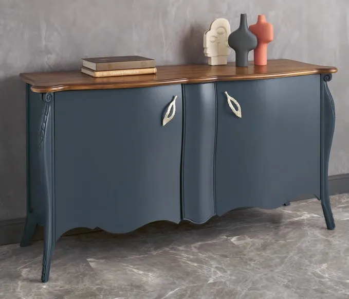 Credenza sagomata Marte Imba grigio blu con piano in legno