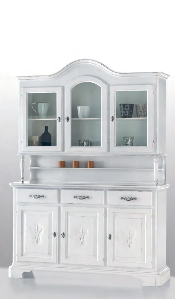 Credenza bianca Marte Imba con spighe intagliate e vetrina alzata