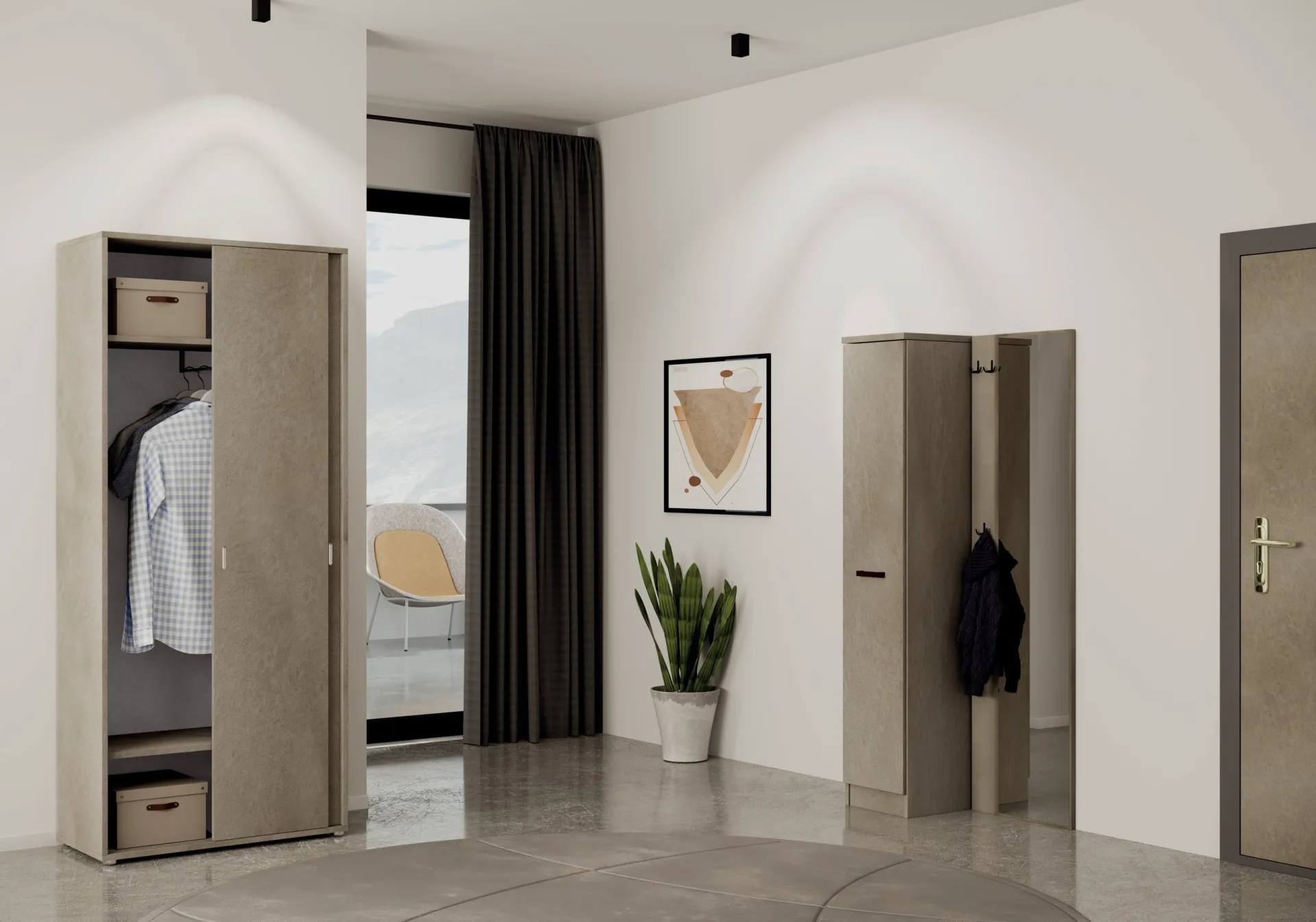Composizione ingresso Style Project Imba con due armadi effetto cemento ai lati della porta