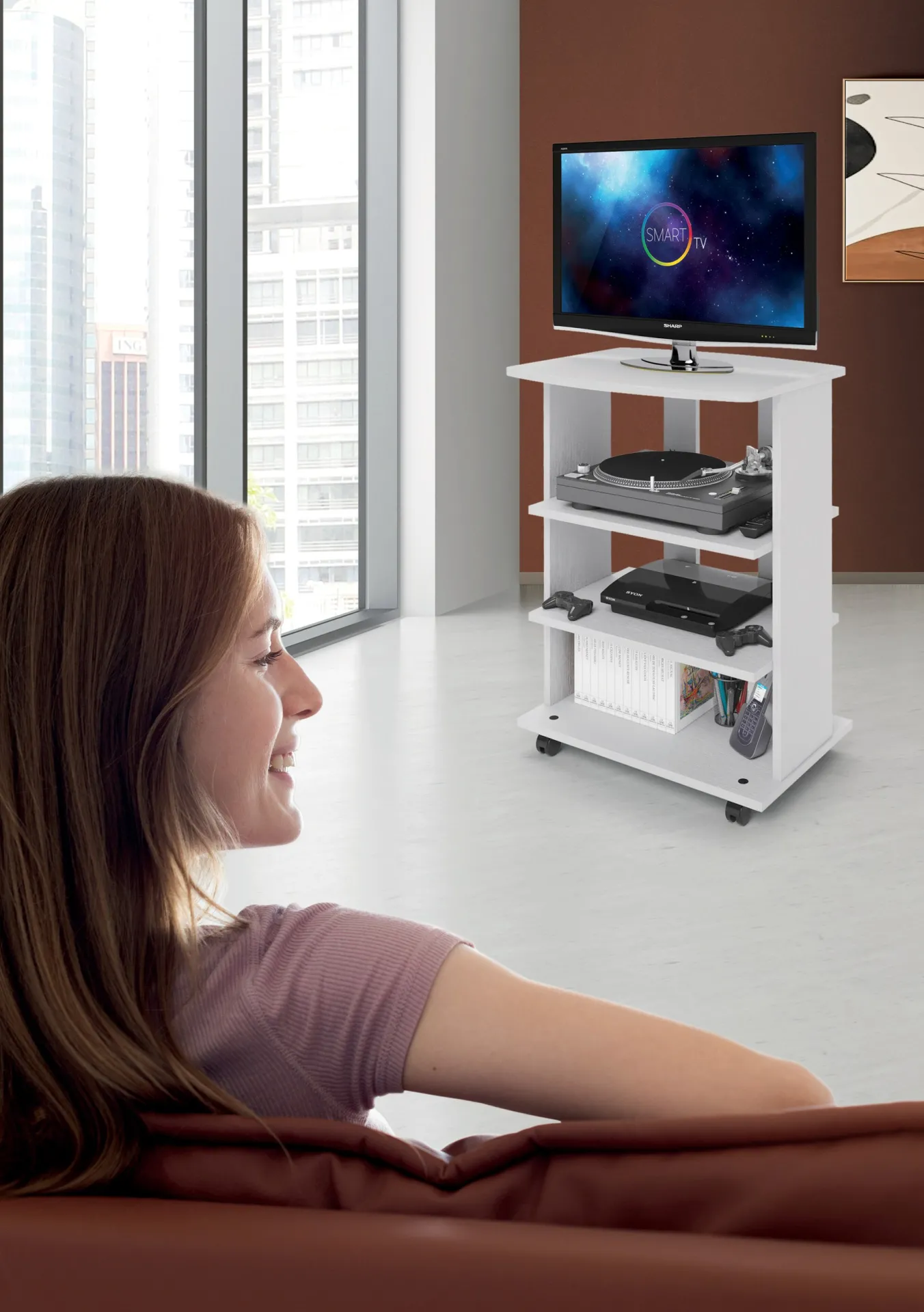 Porta TV Elide Imba bianco su ruote con televisore e lettori sui ripiani