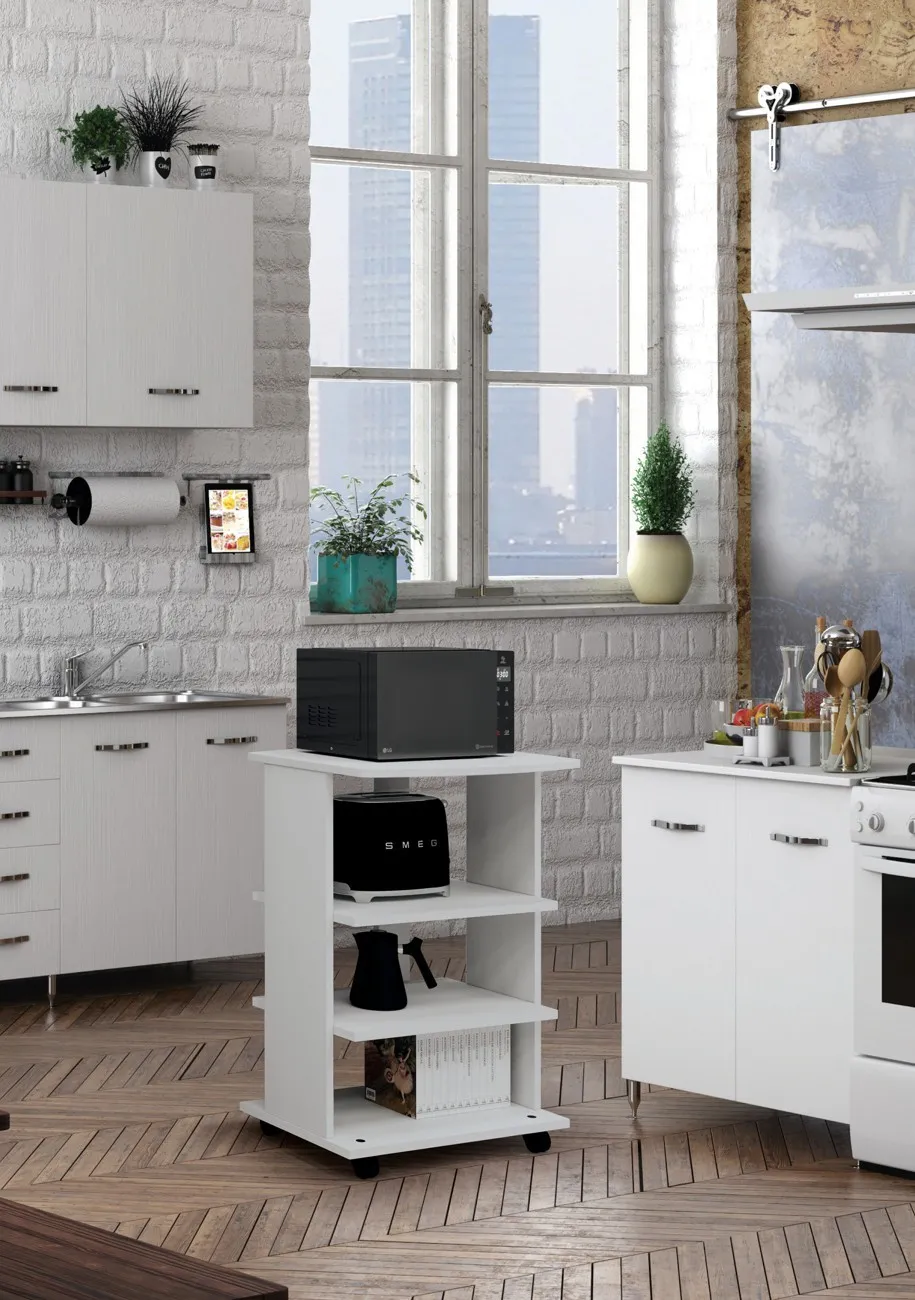 Carrello Elide Style Project Imba bianco su ruote con microonde e tostapane in una cucina