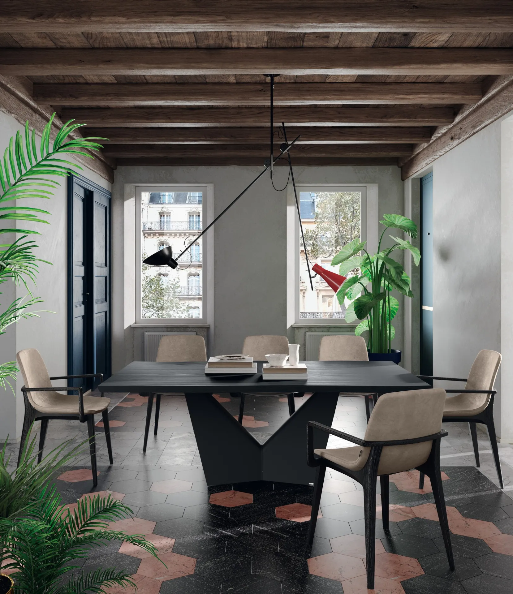 Tavolo Sidney Scavolini con piano nero e base a V in una sala con travi a vista