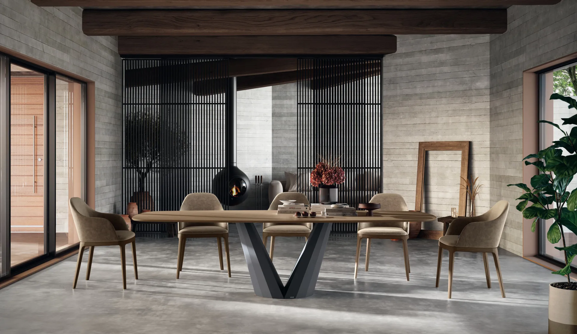 Tavolo Valencia Scavolini con piano effetto legno dalle testate arrotondate e base a V scura