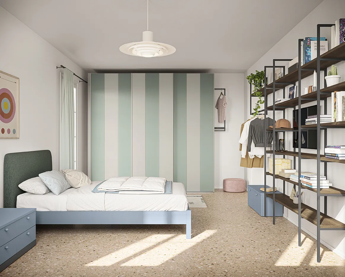 Armadio Golf Young's Space Colombini con ante a fasce verticali bianche e verdi e libreria a montanti metallici