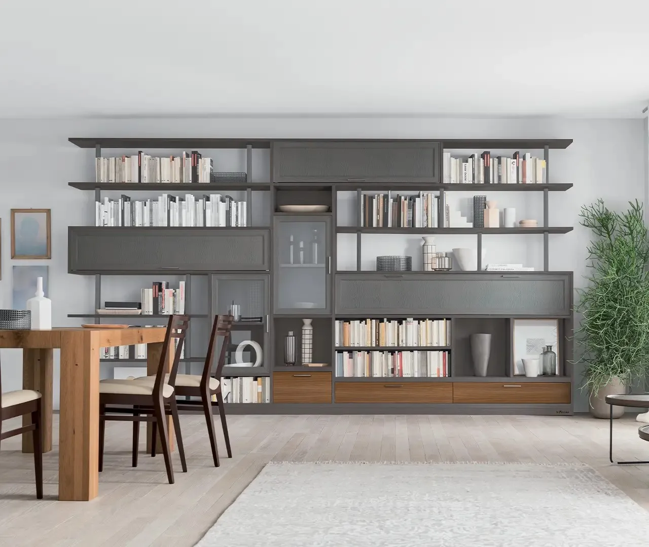 Parete attrezzata Melograno 92 Le Fablier con struttura in metallo grigio, libreria e cassetti in noce