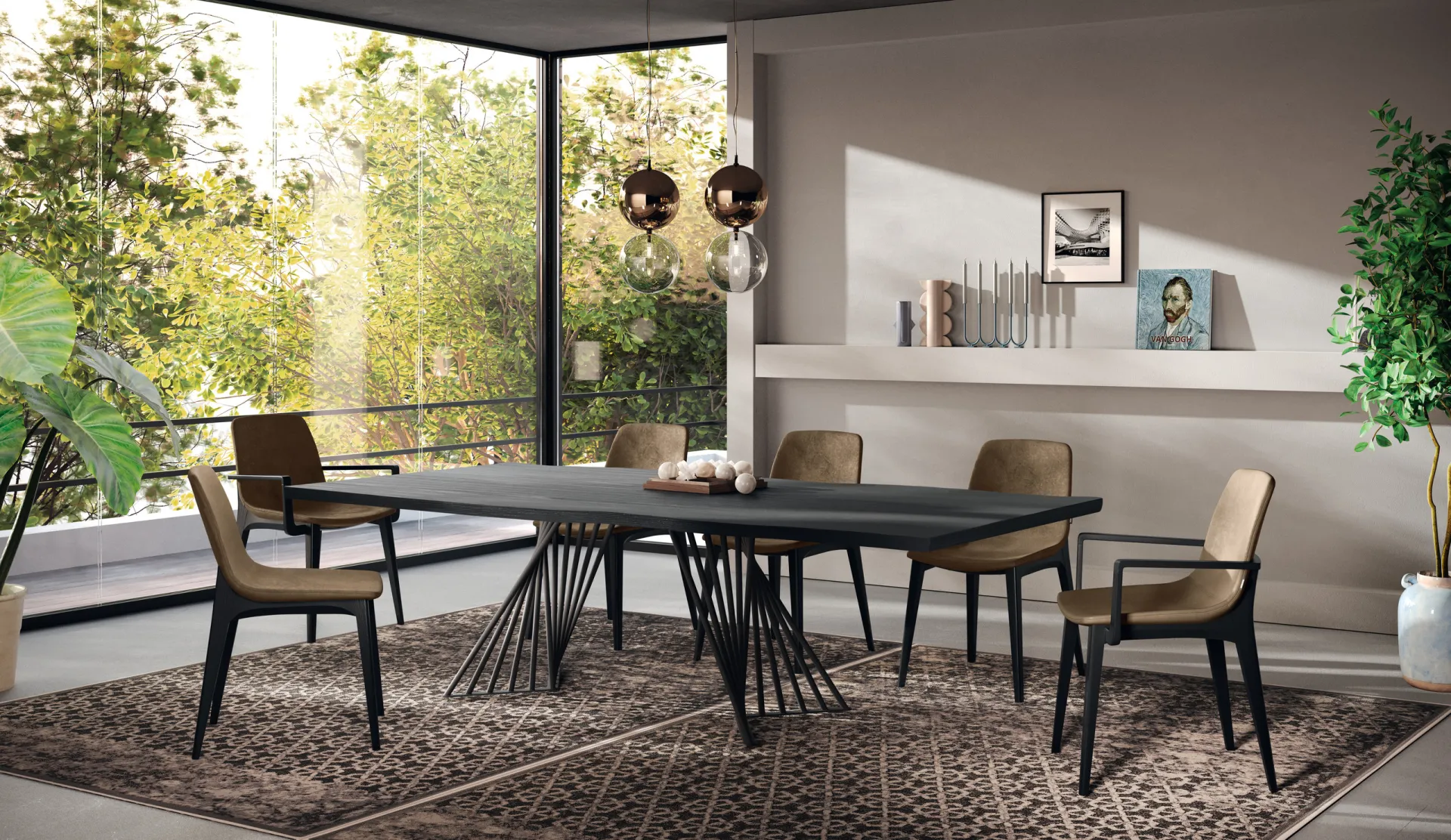 Tavolo Paris Scavolini con piano grigio scuro e sedie con braccioli davanti a una vetrata