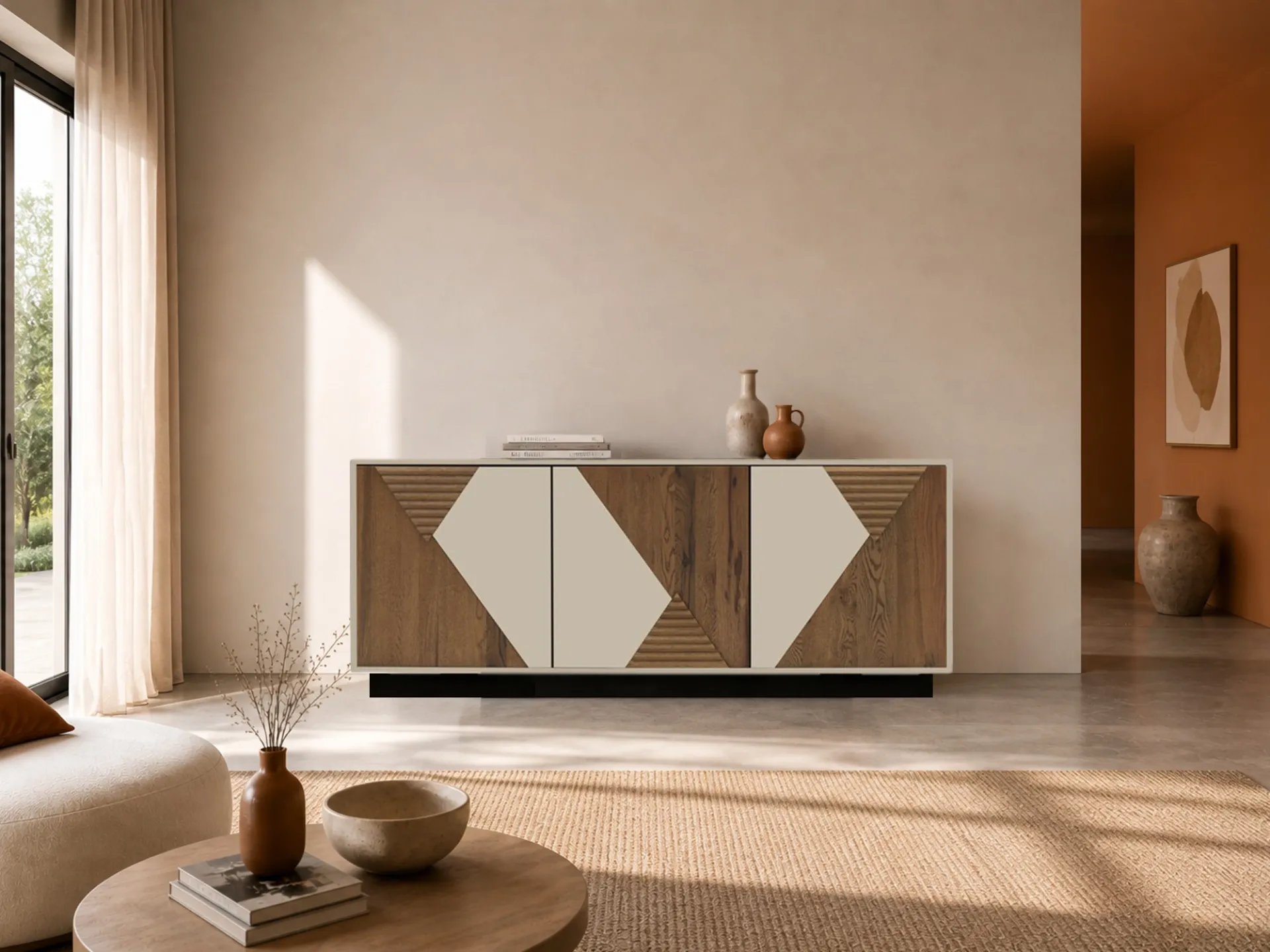 Madia Madrid Le Fablier con scocca chiara e inserti beige in un soggiorno luminoso