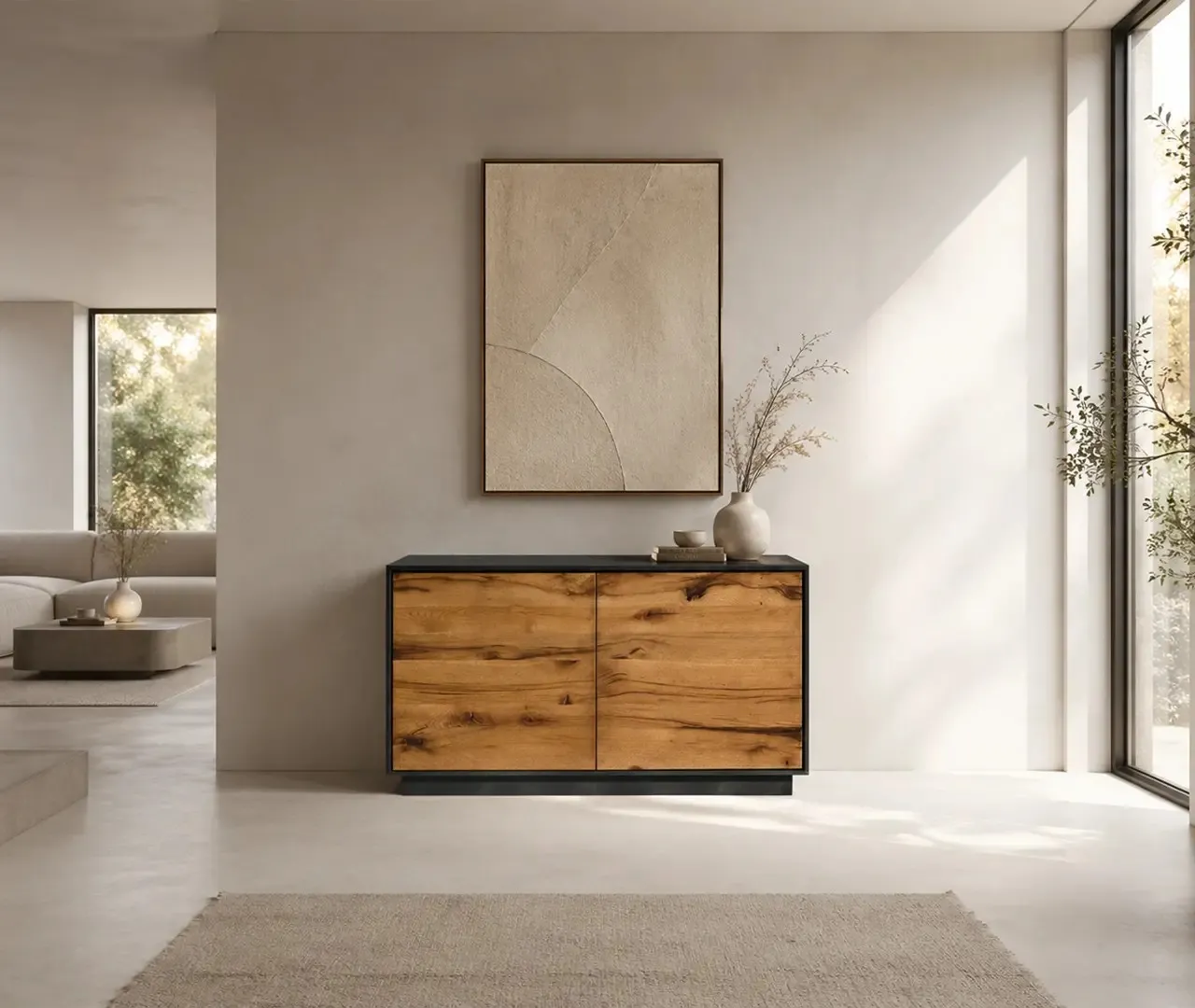 Madia Toronto Le Fablier a due ante in rovere invecchiato sotto un quadro chiaro
