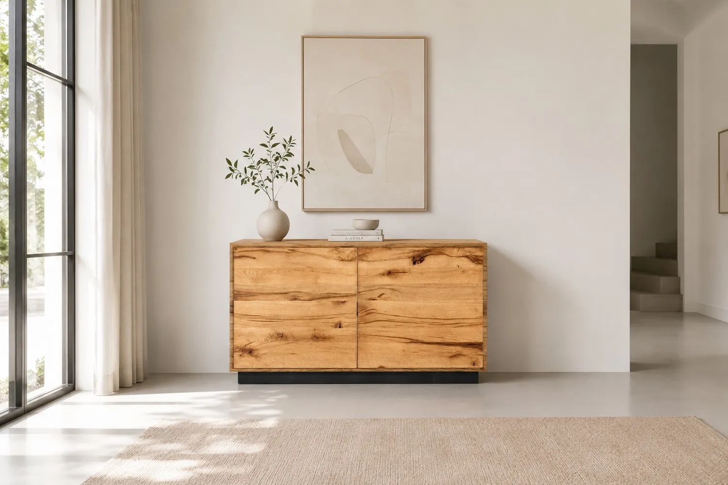 Madia Toronto Le Fablier con piano in rovere in un soggiorno luminoso