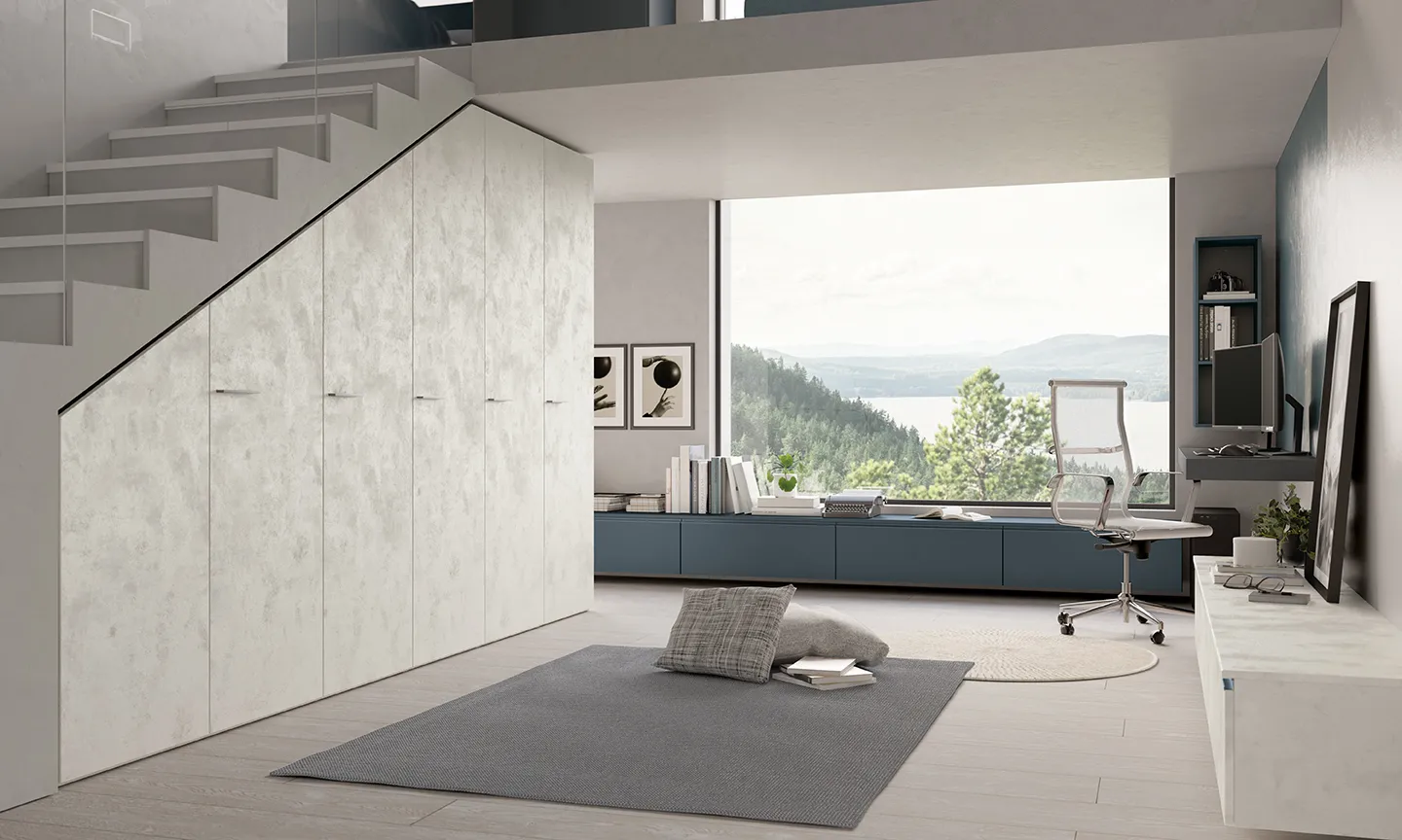 Armadio sagomato sottoscala Golf Young's Space Colombini con ante effetto marmo chiaro
