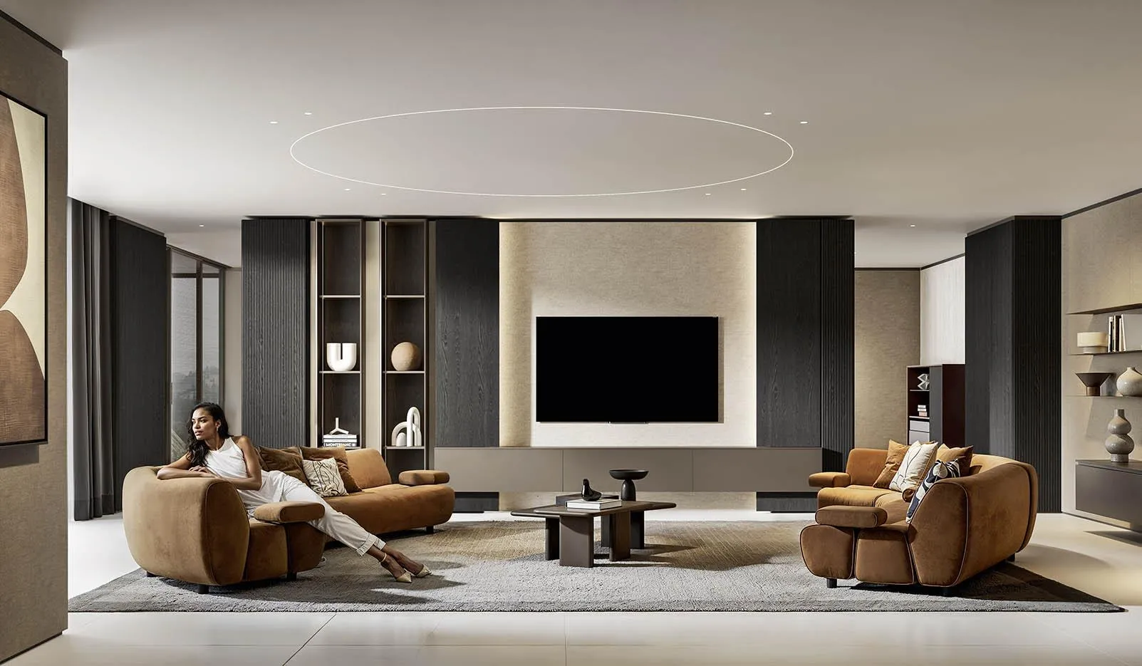 Soggiorno Habitus Day System 01 MobilGam con parete TV scura e divani in pelle cognac