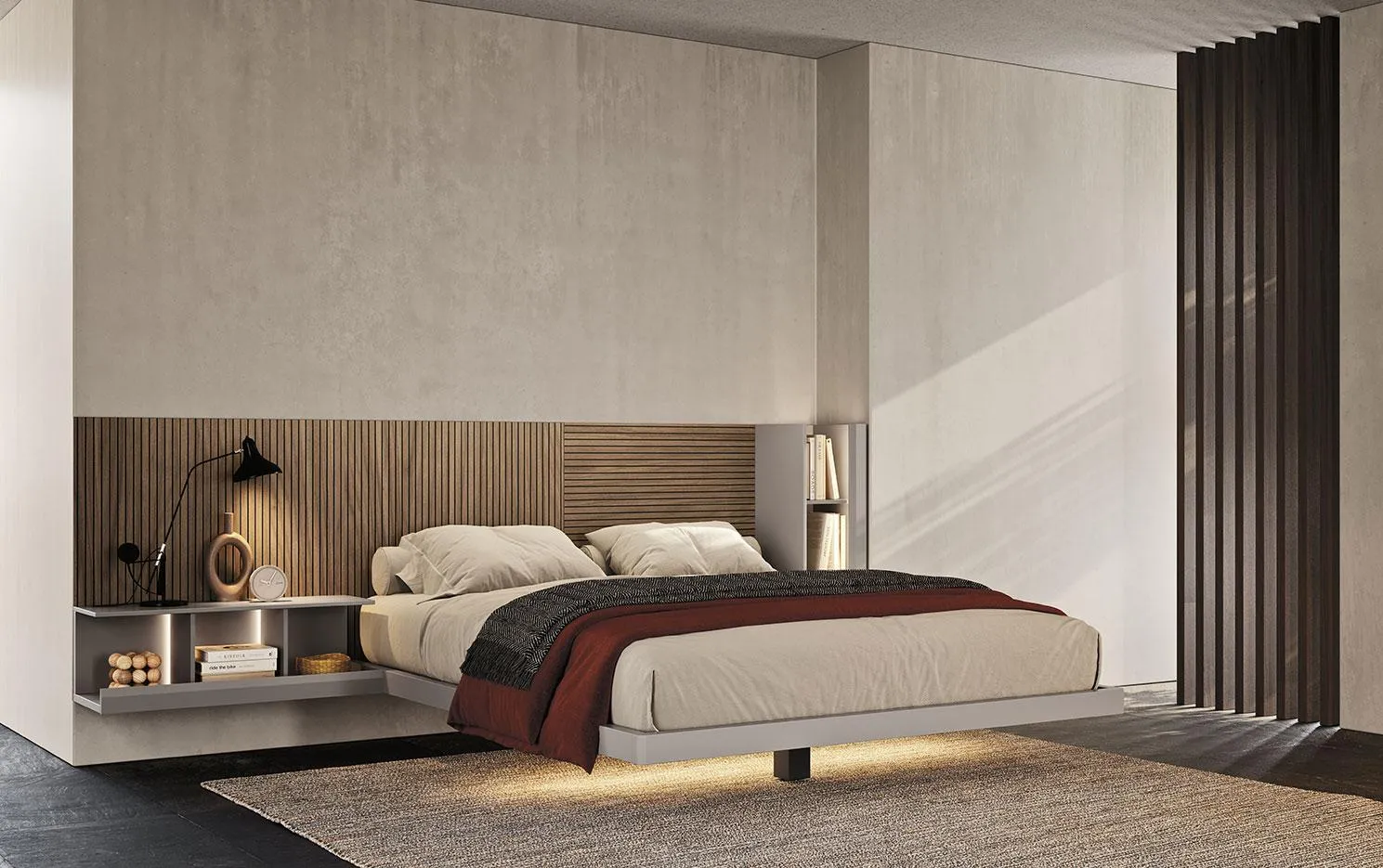 Camera con divisorio Pareo MobilGam e letto con testata in legno