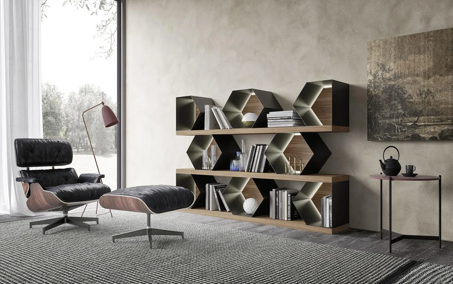 Libreria Esagoni MobilGam con mensole in legno e poltrona