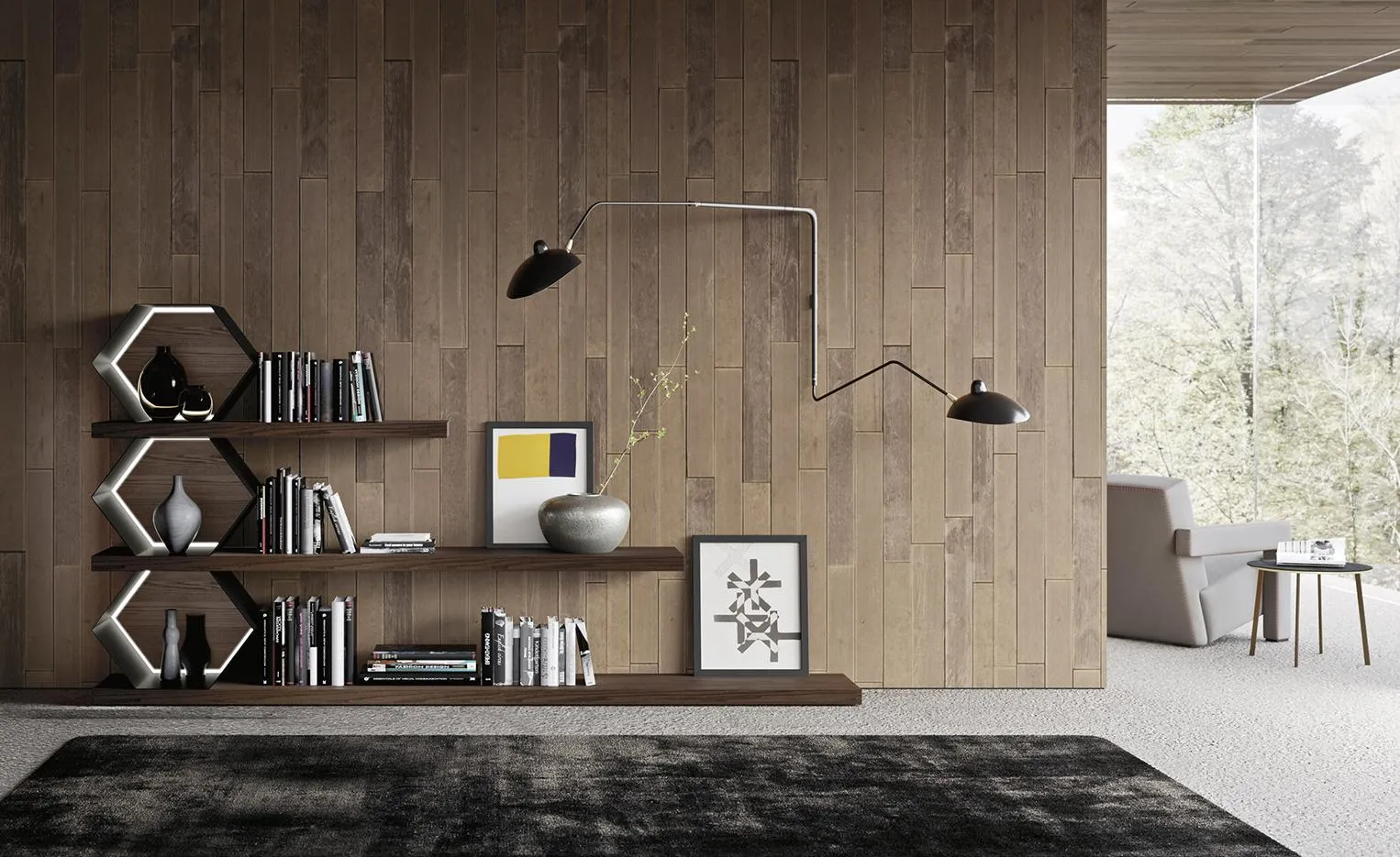 Libreria Esagoni MobilGam su parete rivestita in legno