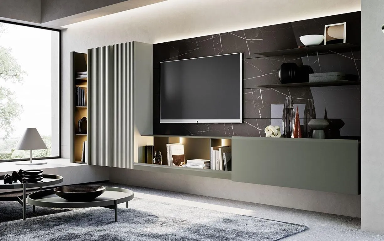 Parete TV Horizon 1000 MobilGam con mensole e libreria illuminata
