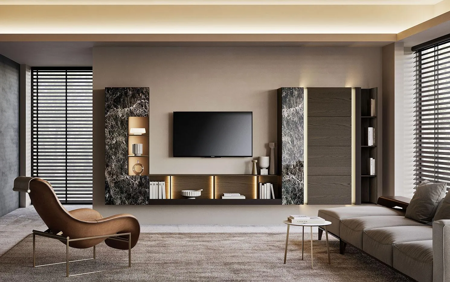 Soggiorno Horizon 1001 MobilGam con colonne effetto marmo e TV al centro