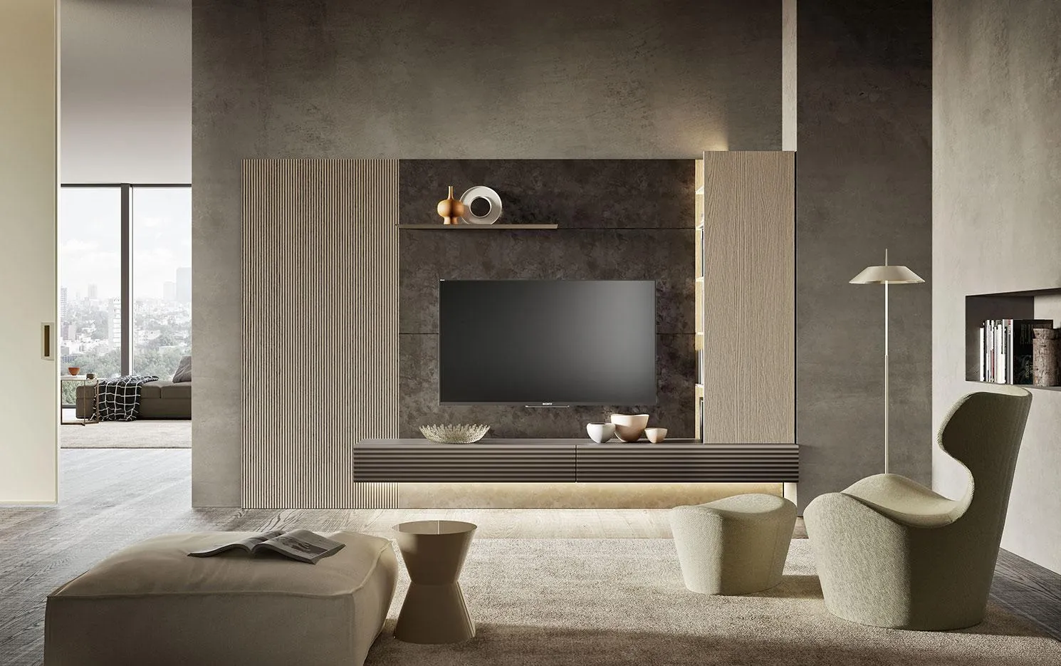 Soggiorno Horizon 1004 MobilGam con boiserie effetto pietra e base sospesa