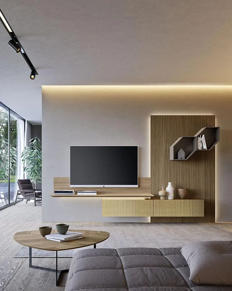 Soggiorno Horizon 1006 MobilGam con boiserie a doghe e base sospesa